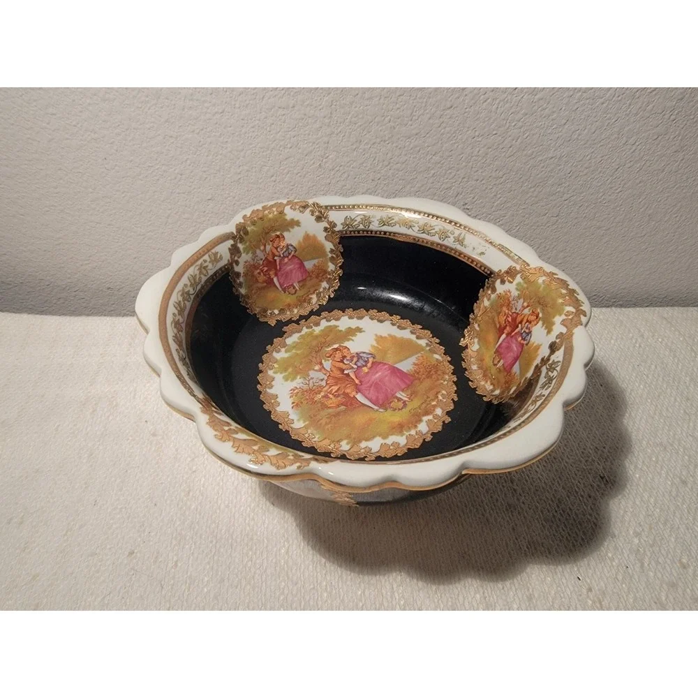 FRAGONARD VINTAGE COBALT GOLD EUROPEAN DESIGN DECORATIVE PORCELAIN BOWL‎
